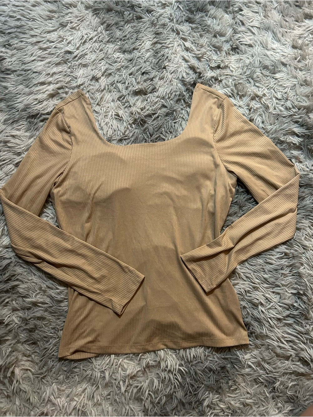 white birch Ribbed Square Neck Long Sleeve Top - Beige